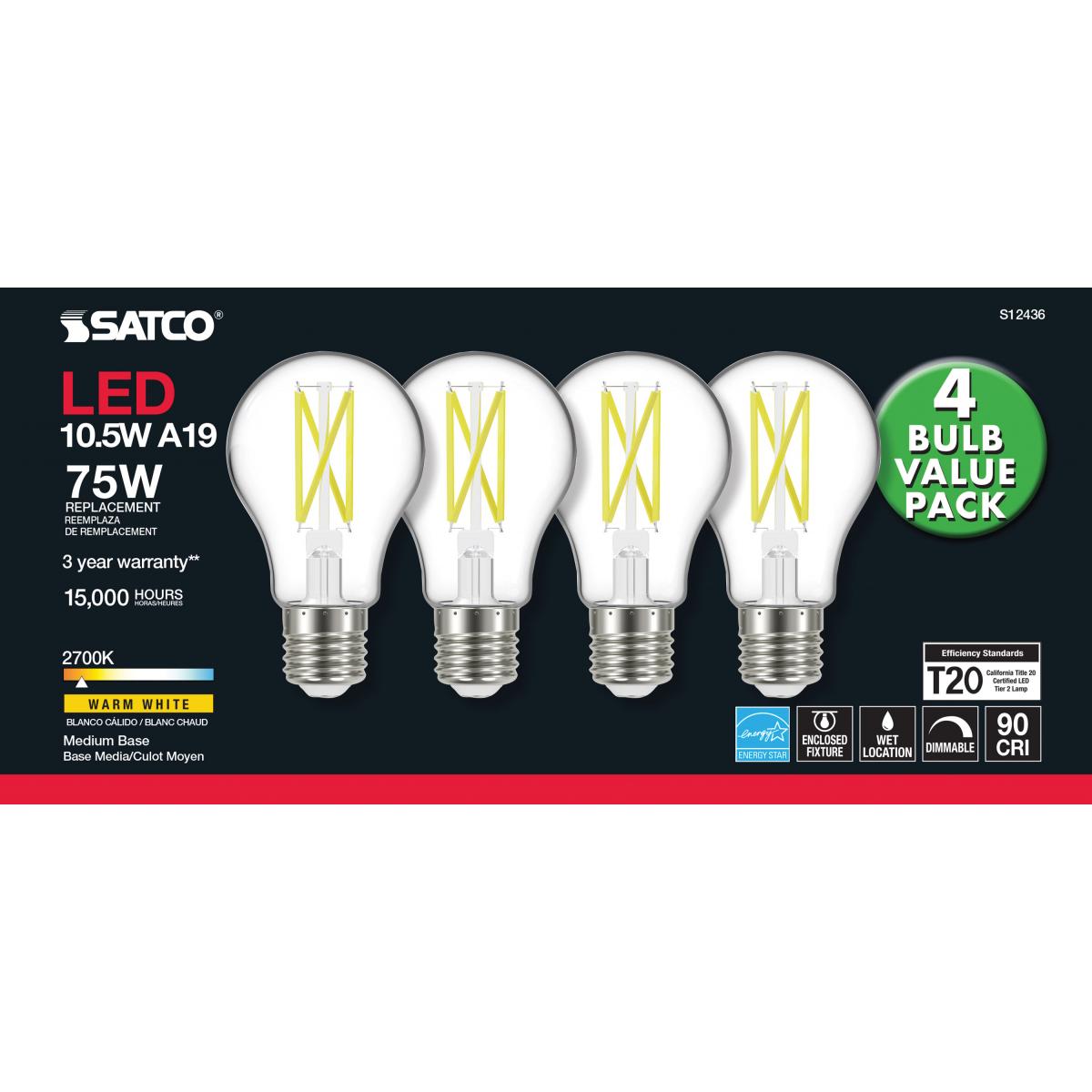 A19 LED Bulb, 75W Equivalent, 11 Watts, 1100 Lumens, 2700K, E26 Medium Base, Clear, Pack of 4