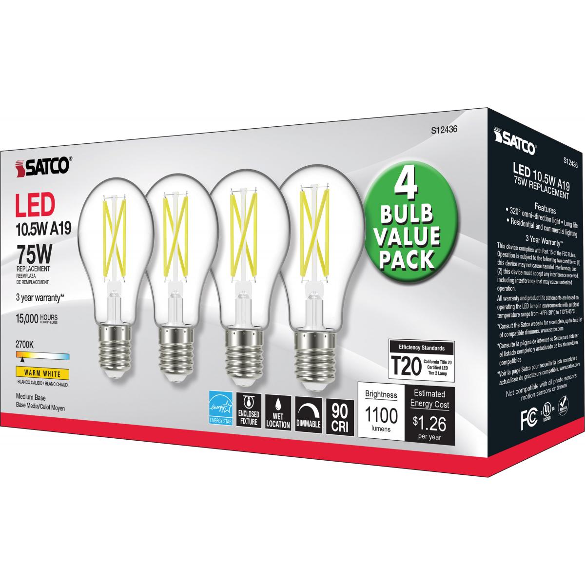 A19 LED Bulb, 75W Equivalent, 11 Watts, 1100 Lumens, 2700K, E26 Medium Base, Clear, Pack of 4
