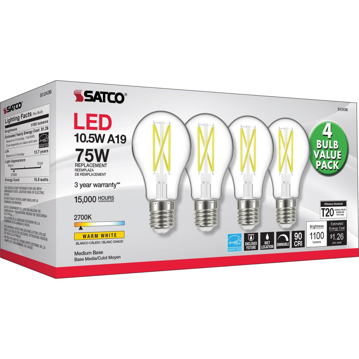 A19 LED Bulb, 75W Equivalent, 11 Watts, 1100 Lumens, 2700K, E26 Medium Base, Clear, Pack of 4