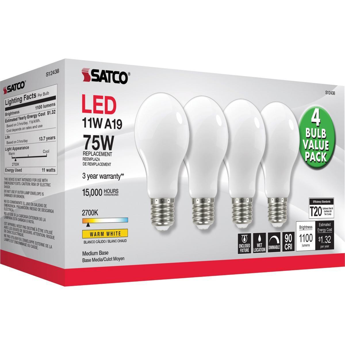 A19 LED Bulb, 75W Equivalent, 11 Watt, 1100 Lumens, 2700K, E26 Medium Base, Frosted Finish, Pack Of 4 - Bees Lighting