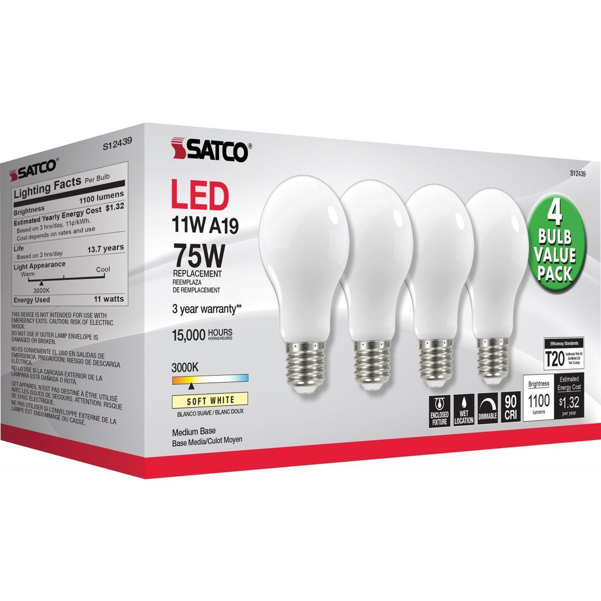 A19 LED Bulb, 75W Equivalent, 11 Watt, 1100 Lumens, 3000K, E26 Medium Base, Frosted Finish, Pack Of 4