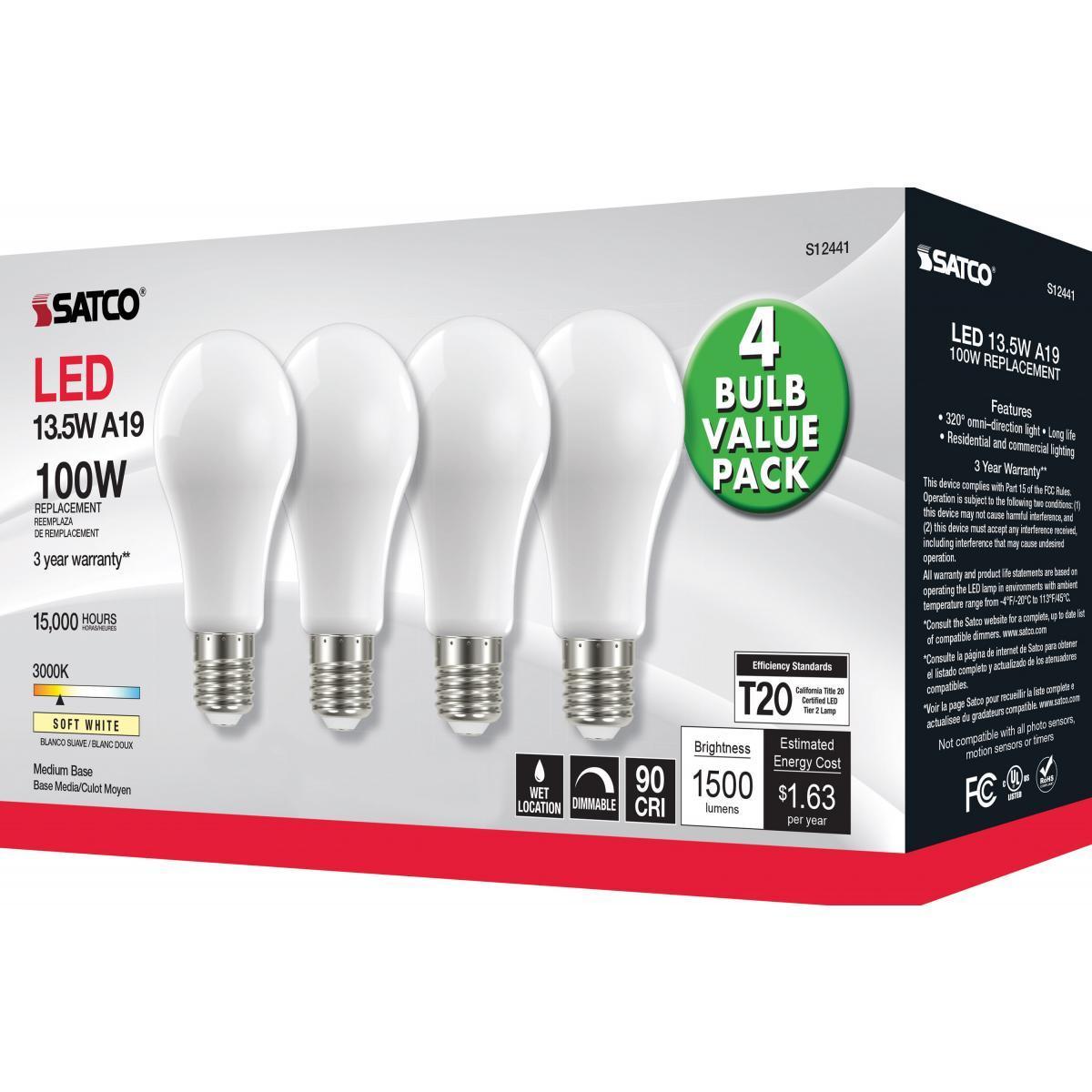 A19 LED Bulb, 100W Equivalent, 14 Watt, 1500 Lumens, 3000K, E26 Medium Base, Frosted Finish, Pack Of 4