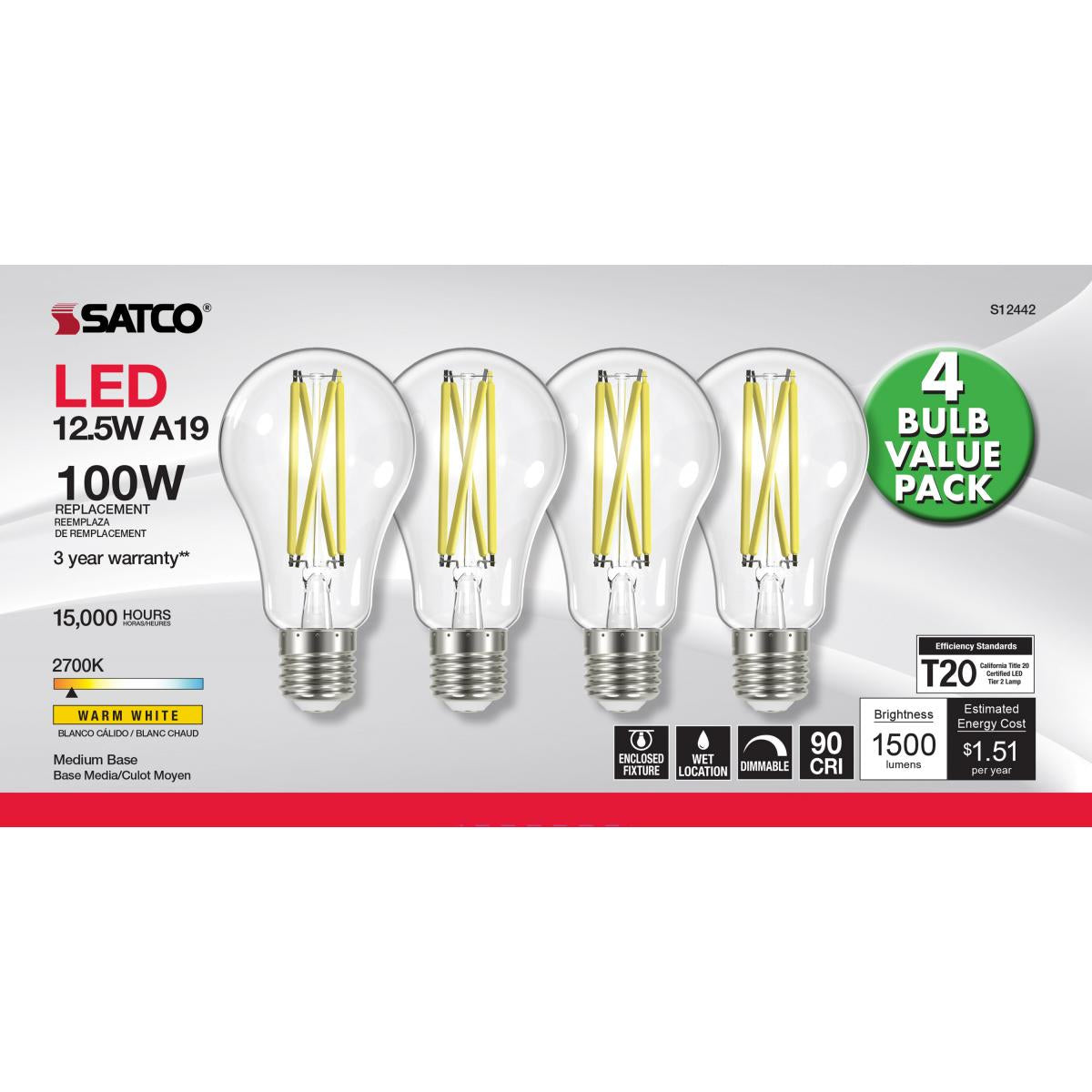 A19 LED Bulb, 100W Equivalent, 13 Watt, 1500 Lumens, 2700K, E26 Medium Base, Clear Finish, Pack Of 4