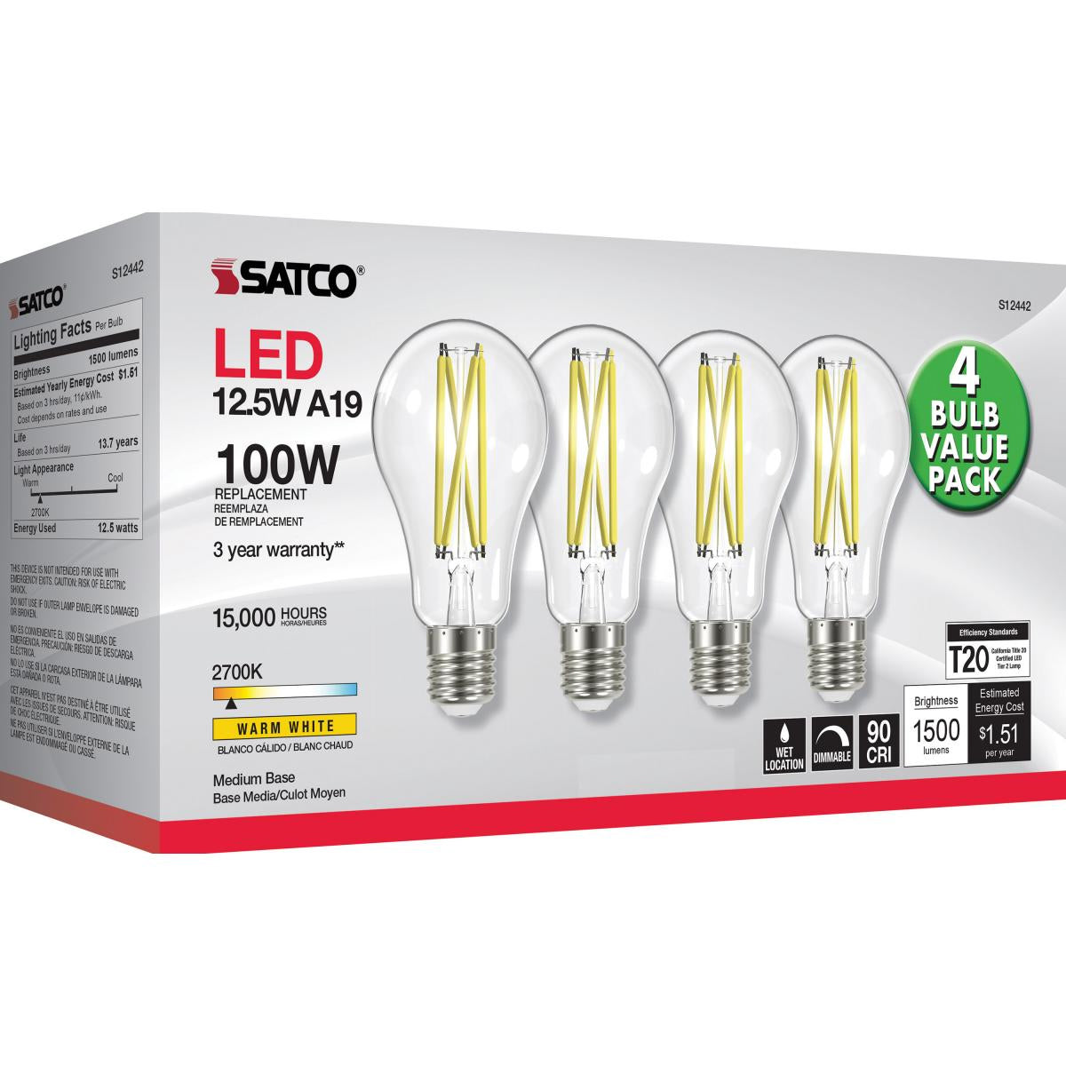 A19 LED Bulb, 100W Equivalent, 13 Watt, 1500 Lumens, 2700K, E26 Medium Base, Clear Finish, Pack Of 4