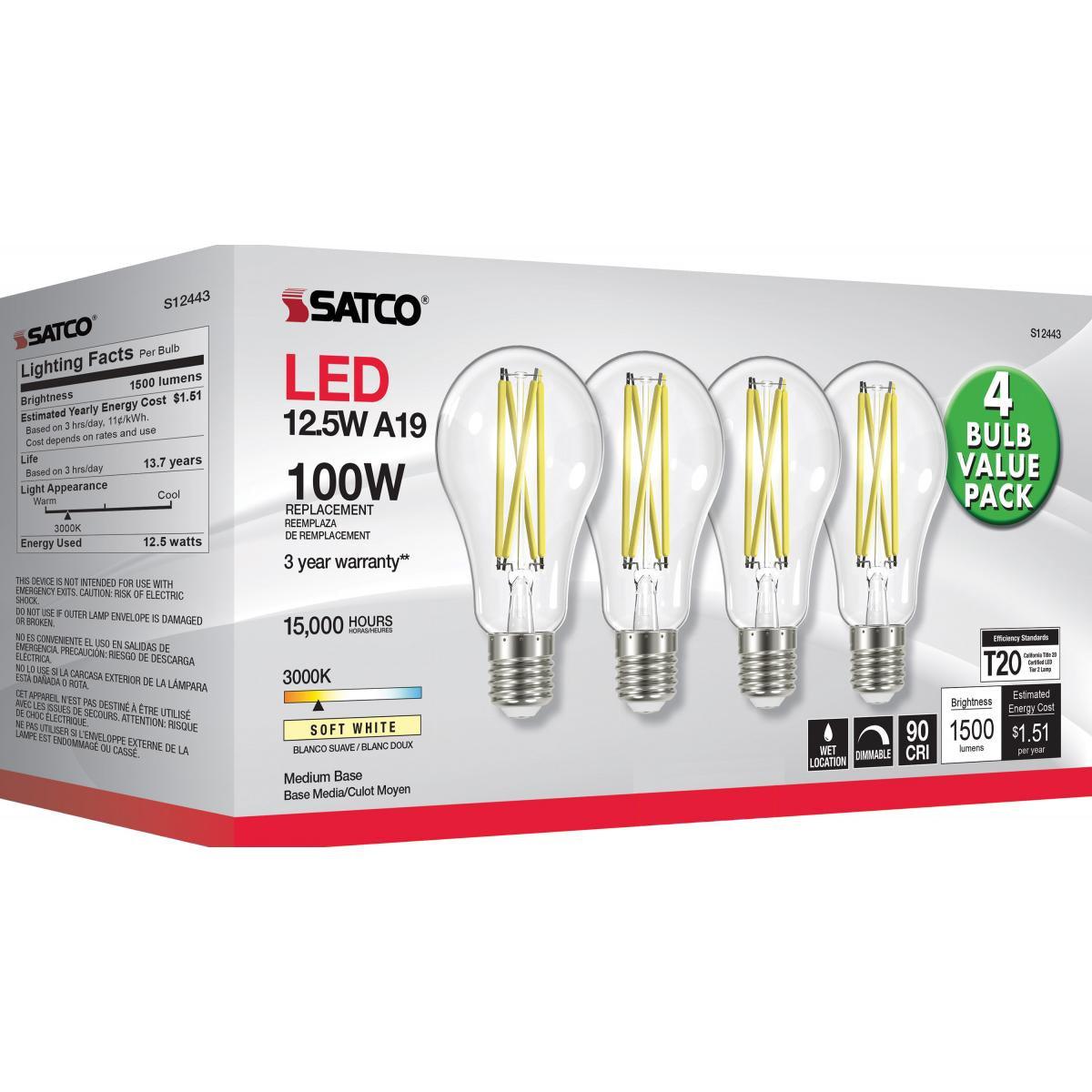 A19 Filament LED Bulb, 100W Equivalent, 13 Watt, 1500 Lumens, 3000K, E26 Medium Base, Clear Finish, Pack Of 4 - Bees Lighting