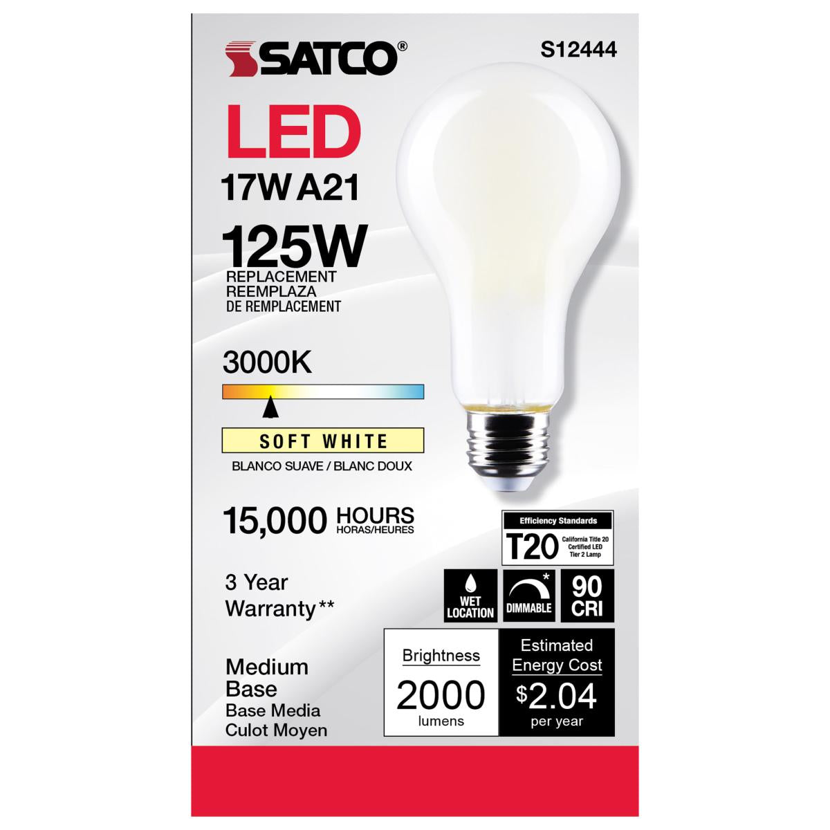 A21 High Lumen LED Lamp, 17 Watts, 2000 Lumens, 3000K, 125W Equal, E26 Base, Frosted - Bees Lighting