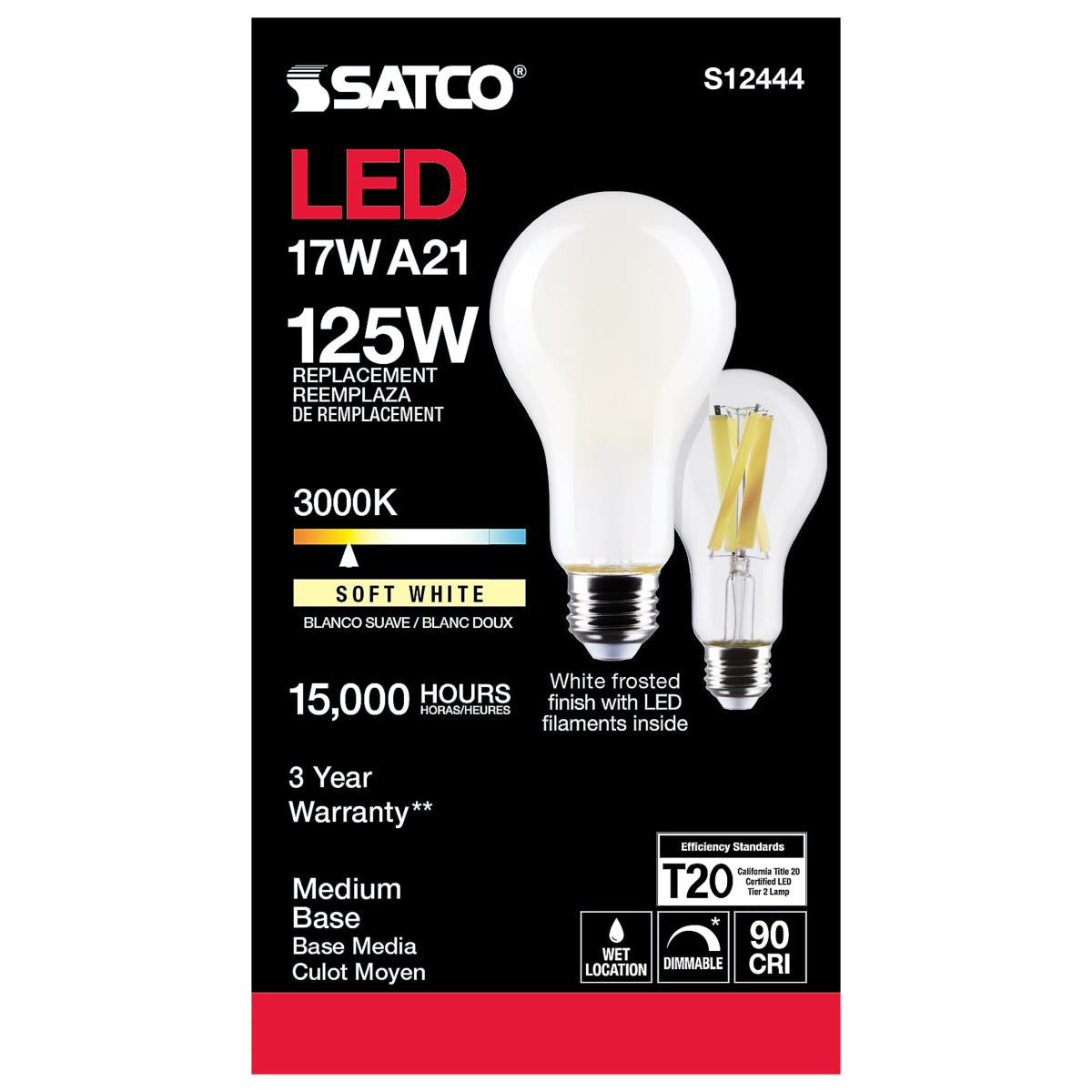 A21 High Lumen LED Lamp, 17 Watts, 2000 Lumens, 3000K, 125W Equal, E26 Base, Frosted - Bees Lighting