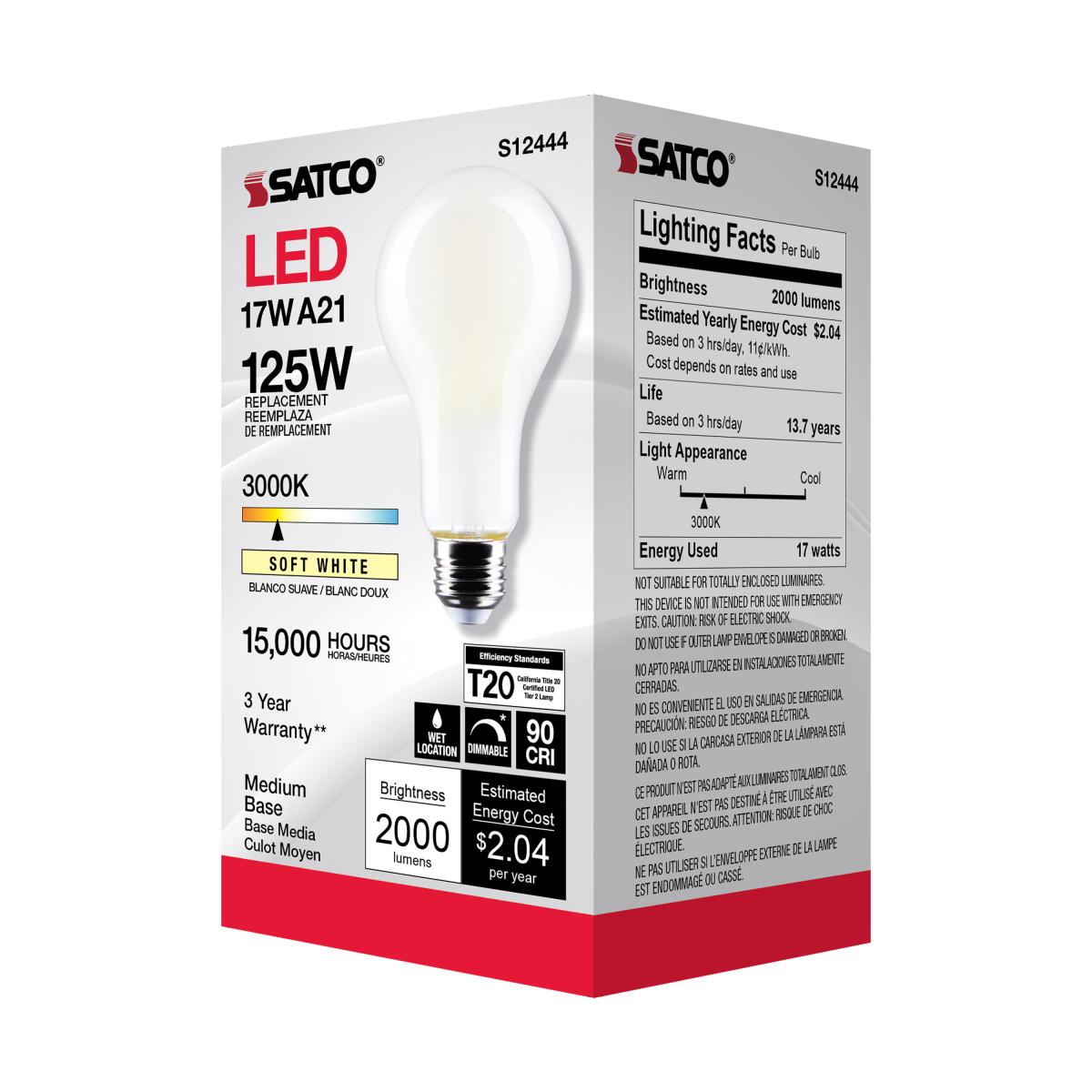 A21 High Lumen LED Lamp, 17 Watts, 2000 Lumens, 3000K, 125W Equal, E26 Base, Frosted - Bees Lighting