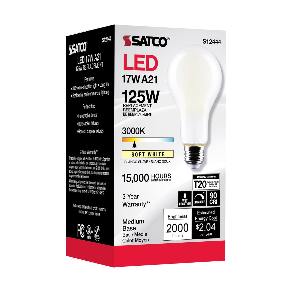 A21 High Lumen LED Lamp, 17 Watts, 2000 Lumens, 3000K, 125W Equal, E26 Base, Frosted - Bees Lighting