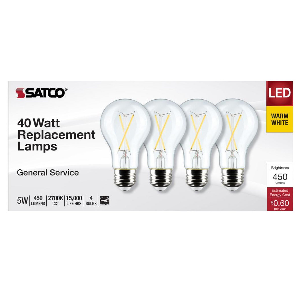 A19 LED Filament Bulb, 5 Watts, 450 Lumens, 2700K, E26 Medium Base, Clear Finish, Pack of 4 - Bees Lighting