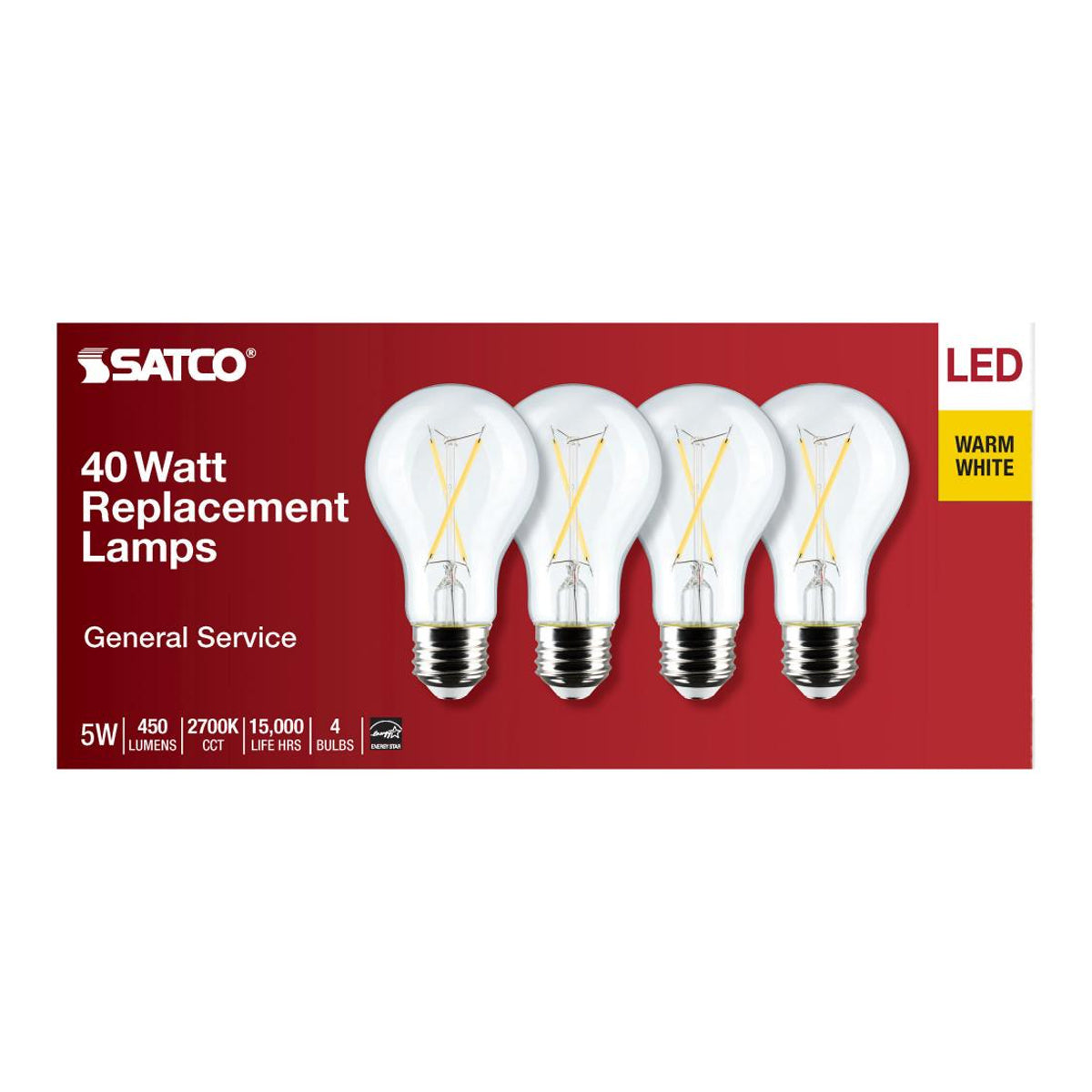 A19 LED Filament Bulb, 5 Watts, 450 Lumens, 2700K, E26 Medium Base, Clear Finish, Pack of 4 - Bees Lighting