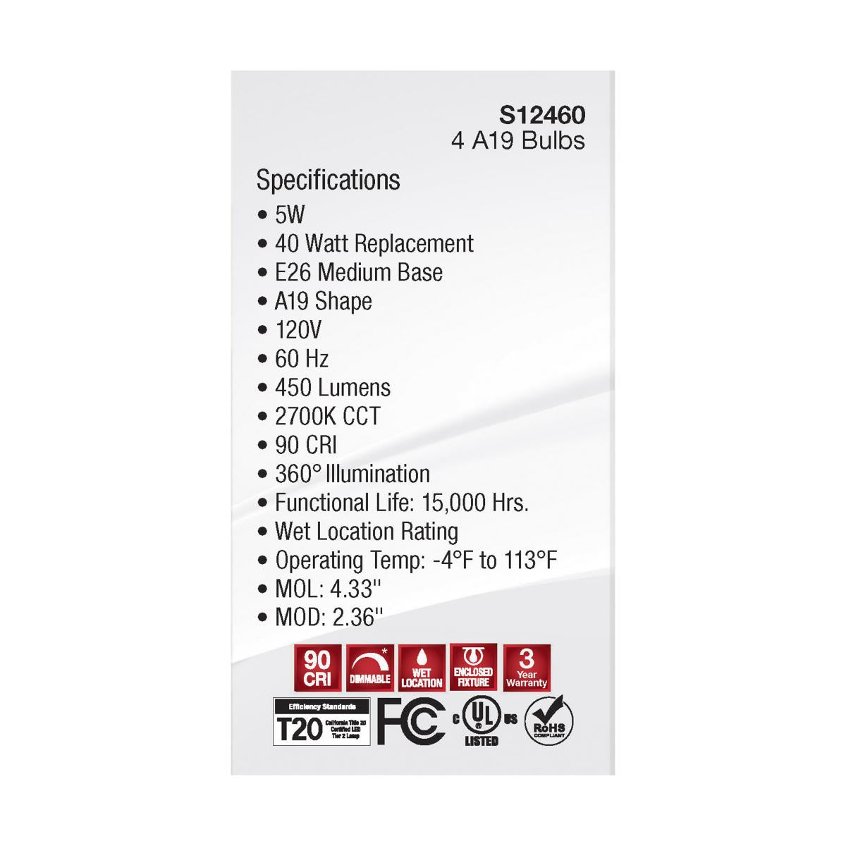 A19 LED Filament Bulb, 5 Watts, 450 Lumens, 2700K, E26 Medium Base, Clear Finish, Pack of 4 - Bees Lighting