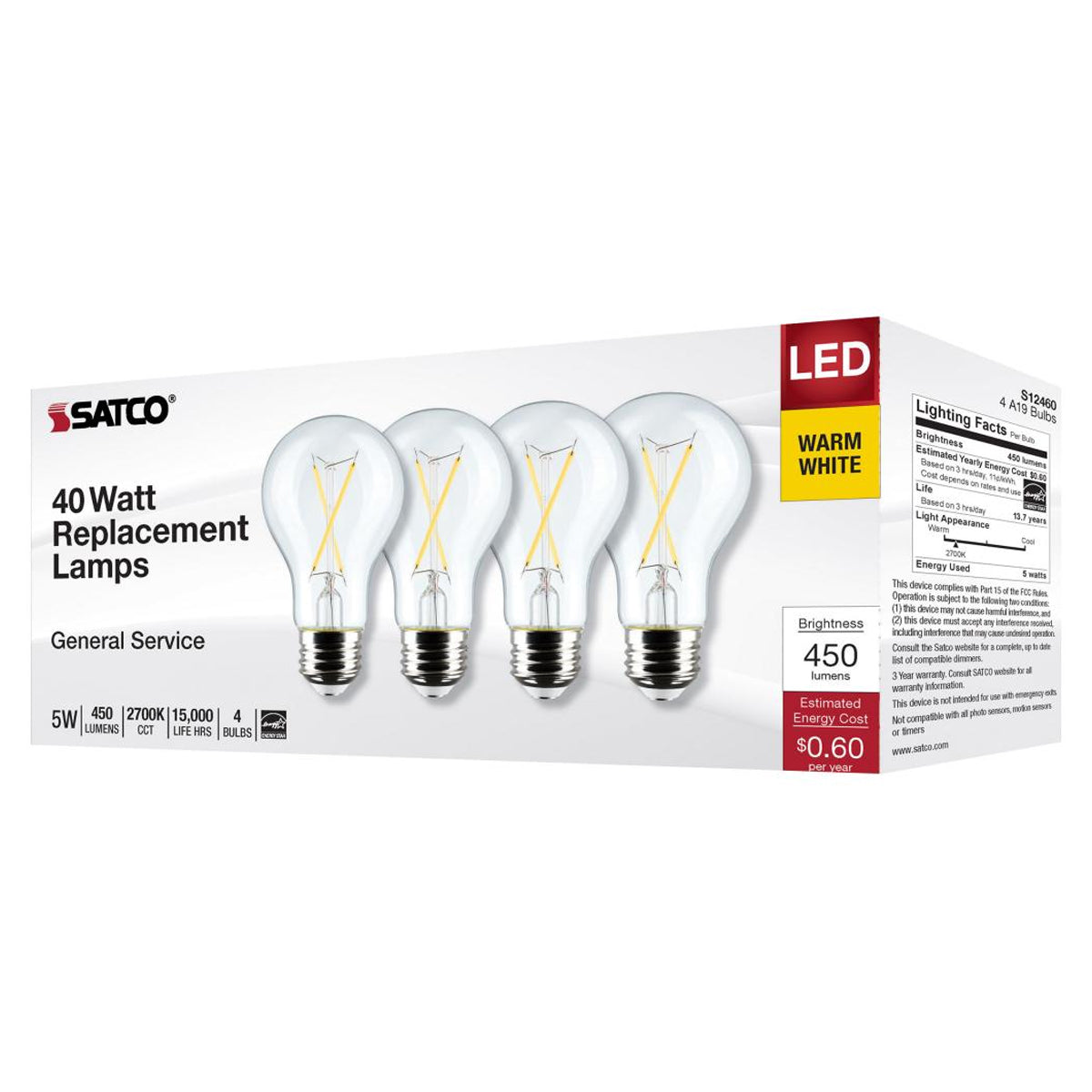 A19 LED Filament Bulb, 5 Watts, 450 Lumens, 2700K, E26 Medium Base, Clear Finish, Pack of 4 - Bees Lighting