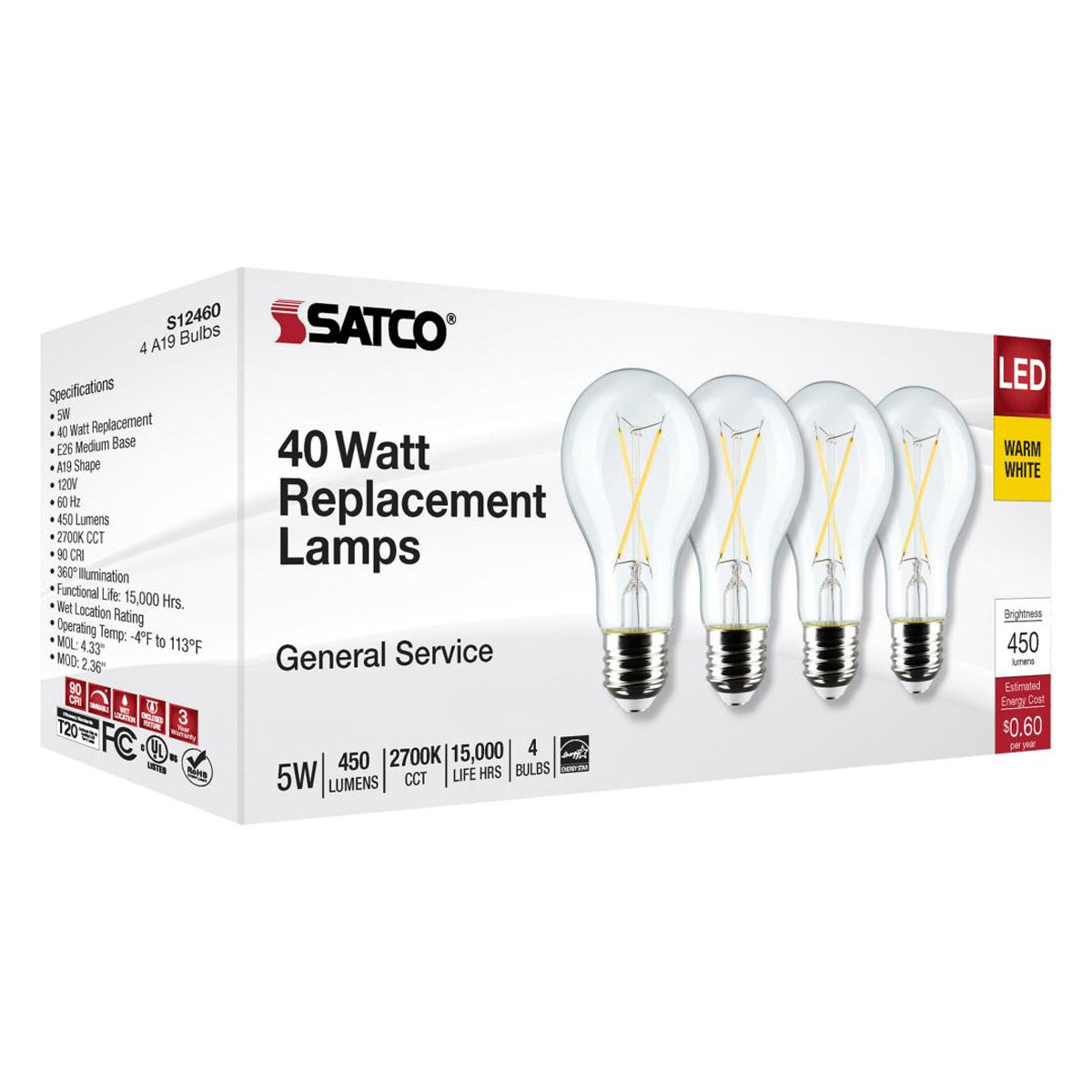 A19 LED Filament Bulb, 5 Watts, 450 Lumens, 2700K, E26 Medium Base, Clear Finish, Pack of 4 - Bees Lighting