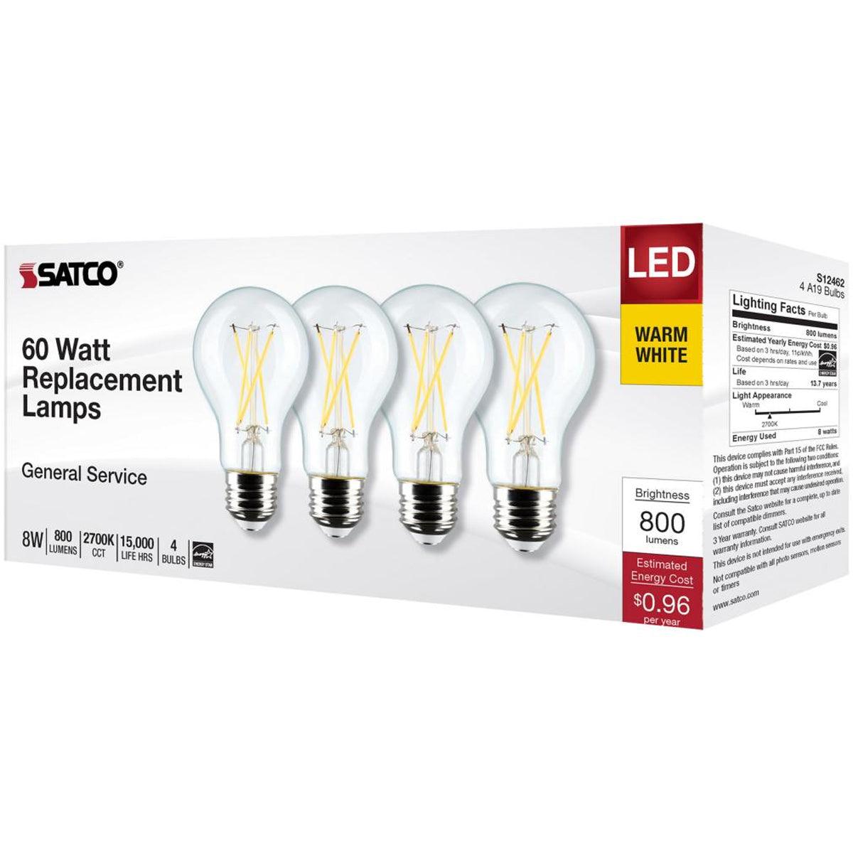 A19 LED Bulb, 100W Equivalent, 8 Watt, 800 Lumens, 2700K, E26 Medium Base, Clear Finish, Pack Of 4