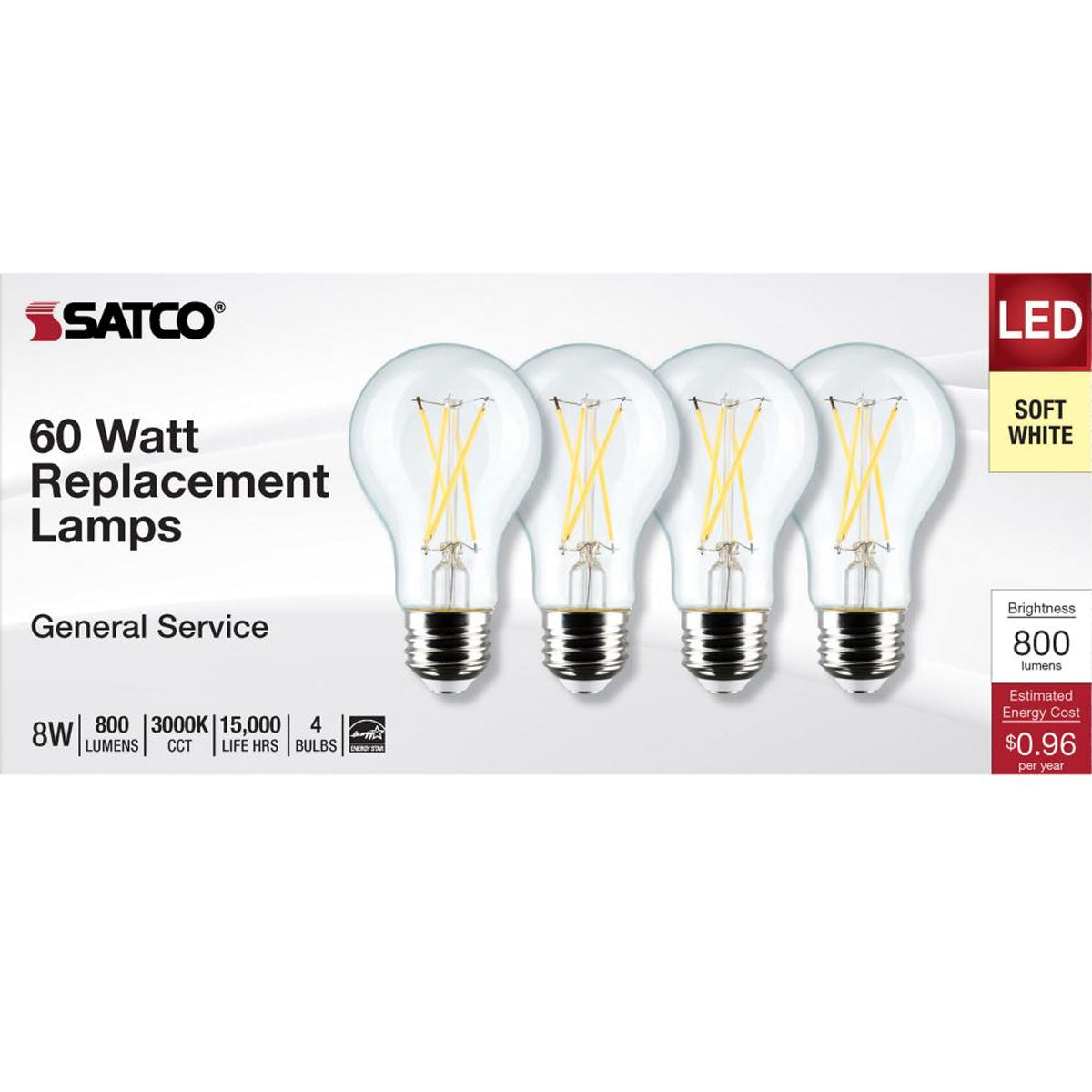 A19 Filament LED Bulb, 100W Equivalent, 8 Watt, 800 Lumens, 3000K, E26 Medium Base, Clear Finish, Pack Of 4 - Bees Lighting