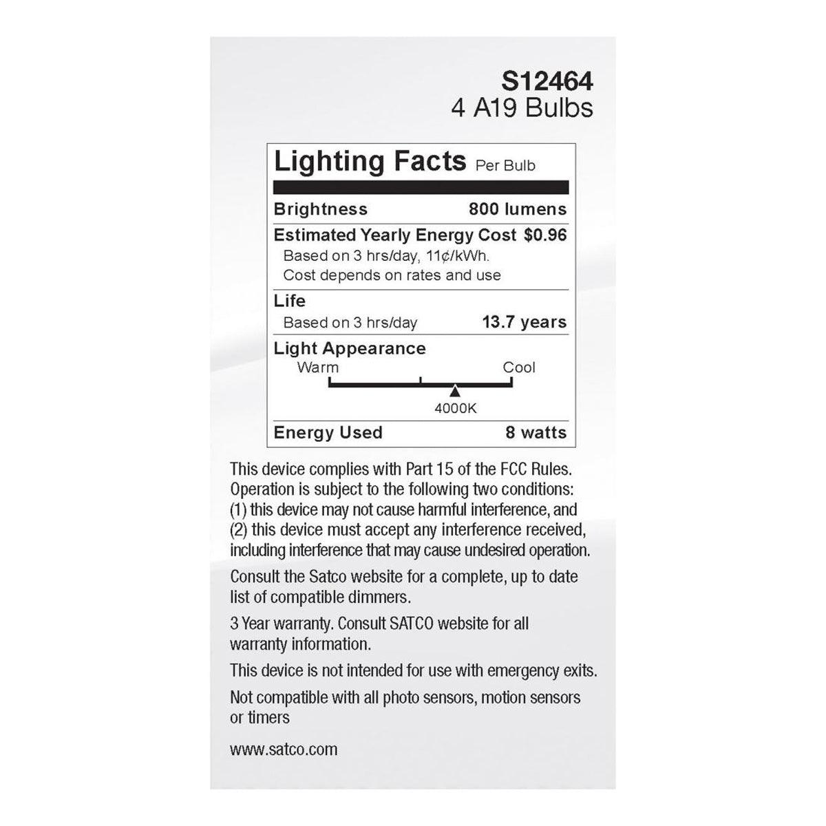 A19 LED Bulb, 100W Equivalent, 8 Watt, 800 Lumens, 4000K, E26 Medium Base, Clear Finish, Pack Of 4