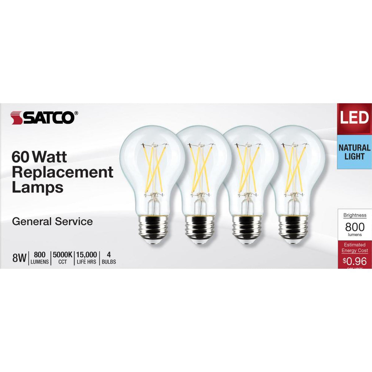 A19 LED Filament Bulb, 60W Equal, 8 Watts, 800 Lumens, 5000K, E26 Medium Base, Clear, Pack of 4 - Bees Lighting