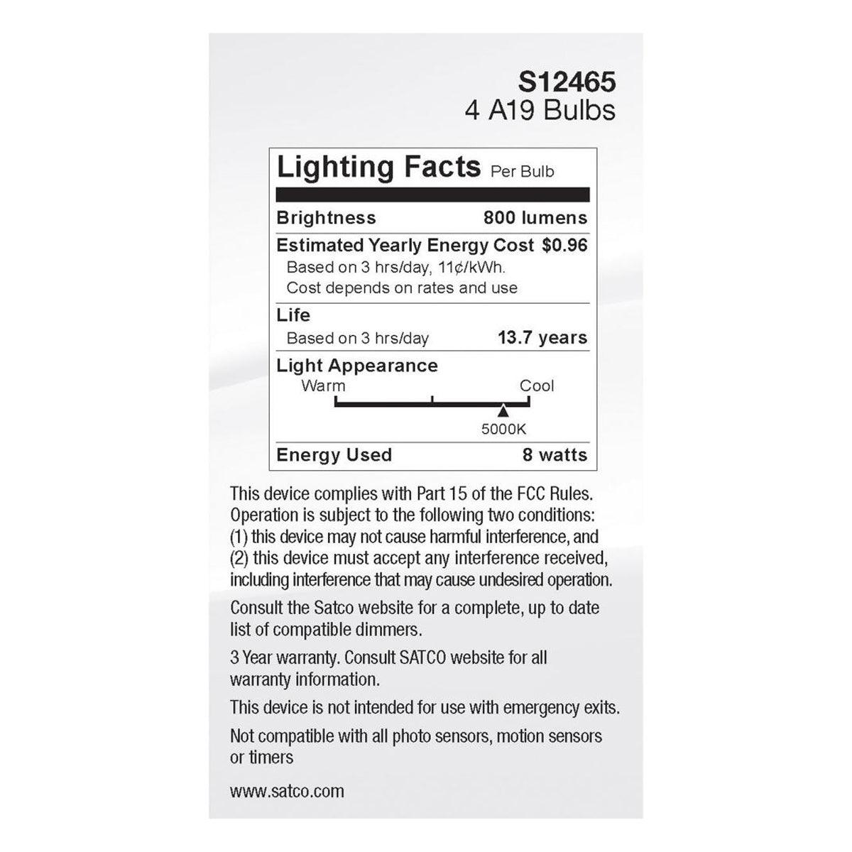 A19 LED Bulb, 100W Equivalent, 8 Watt, 800 Lumens, 5000K, E26 Medium Base, Clear Finish, Pack Of 4