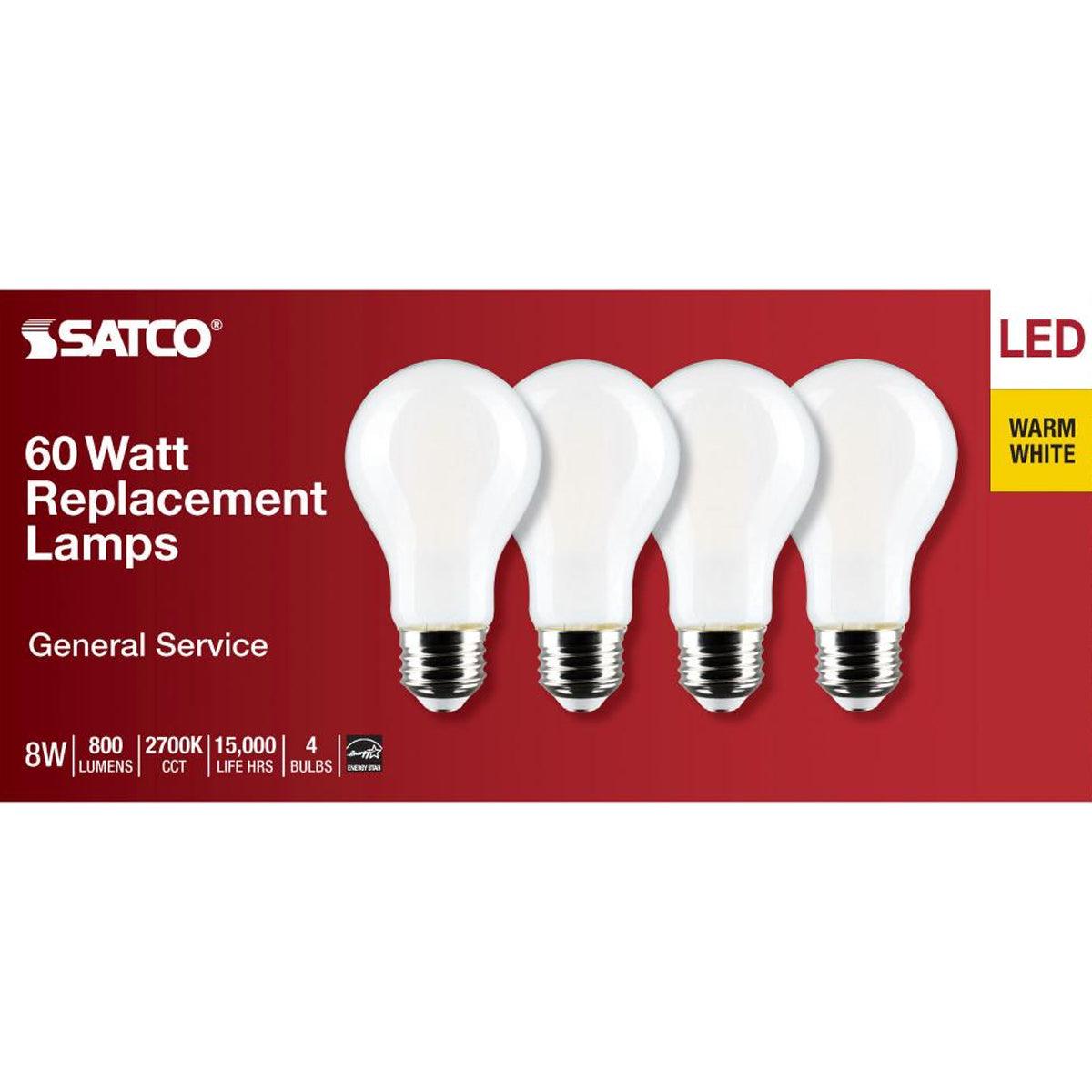 A19 LED Bulb, 100W Equivalent, 8 Watt, 800 Lumens, 2700K, E26 Medium Base, Frosted Finish, Pack Of 4