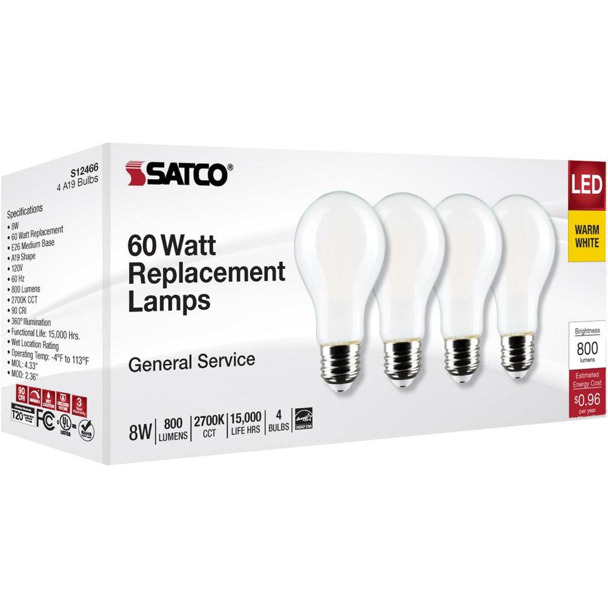 A19 LED Bulb, 100W Equivalent, 8 Watt, 800 Lumens, 2700K, E26 Medium Base, Frosted Finish, Pack Of 4