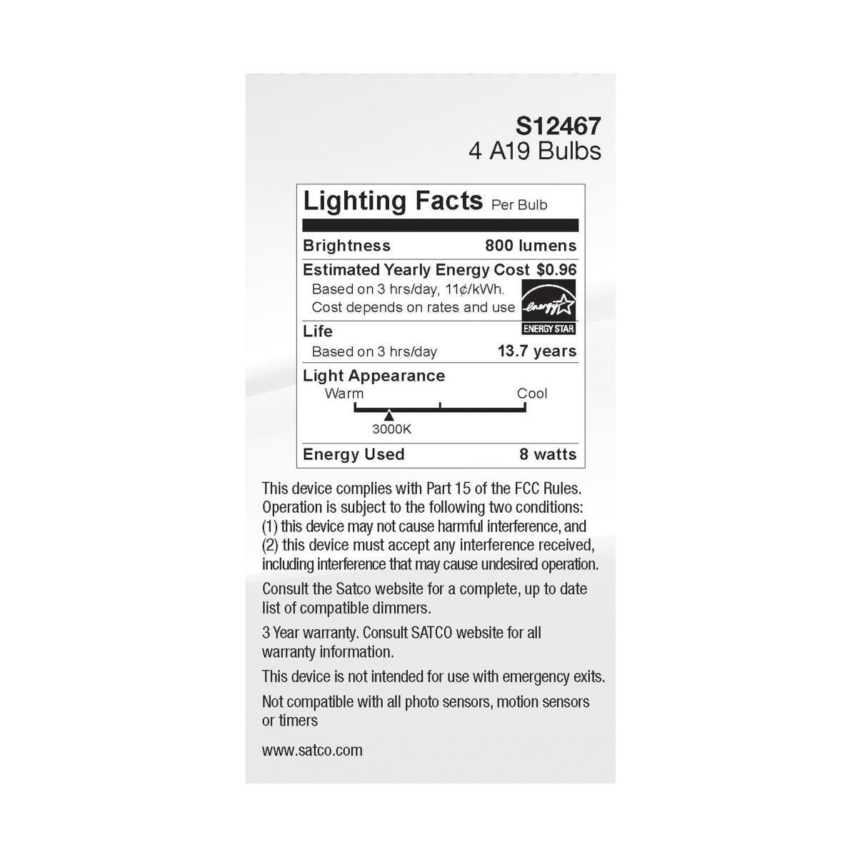 A19 LED Bulb, 100W Equivalent, 8 Watt, 800 Lumens, 3000K, E26 Medium Base, Frosted Finish, Pack Of 4
