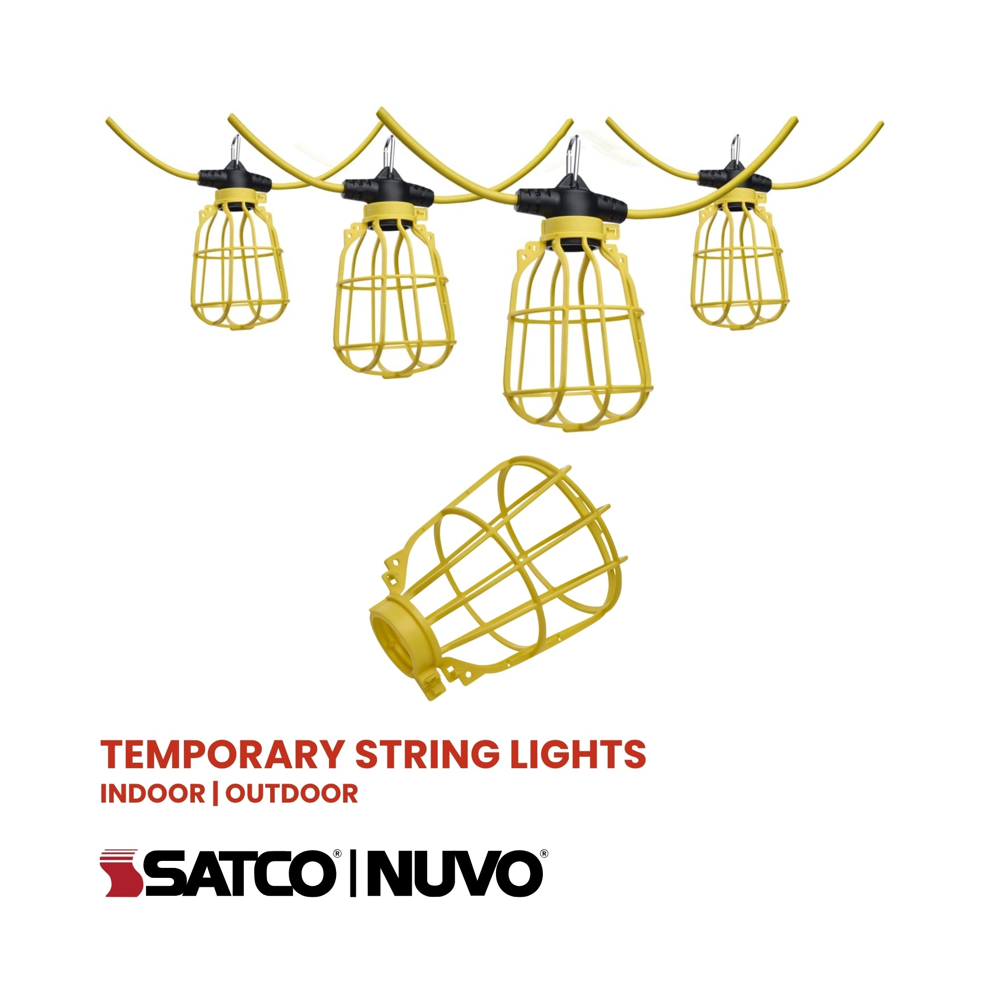 Satco|Nuvo S13094 100-Foot Temporary String Light, 10-Socket, 1500W Max Capacity, 120V, Linkable, Yellow