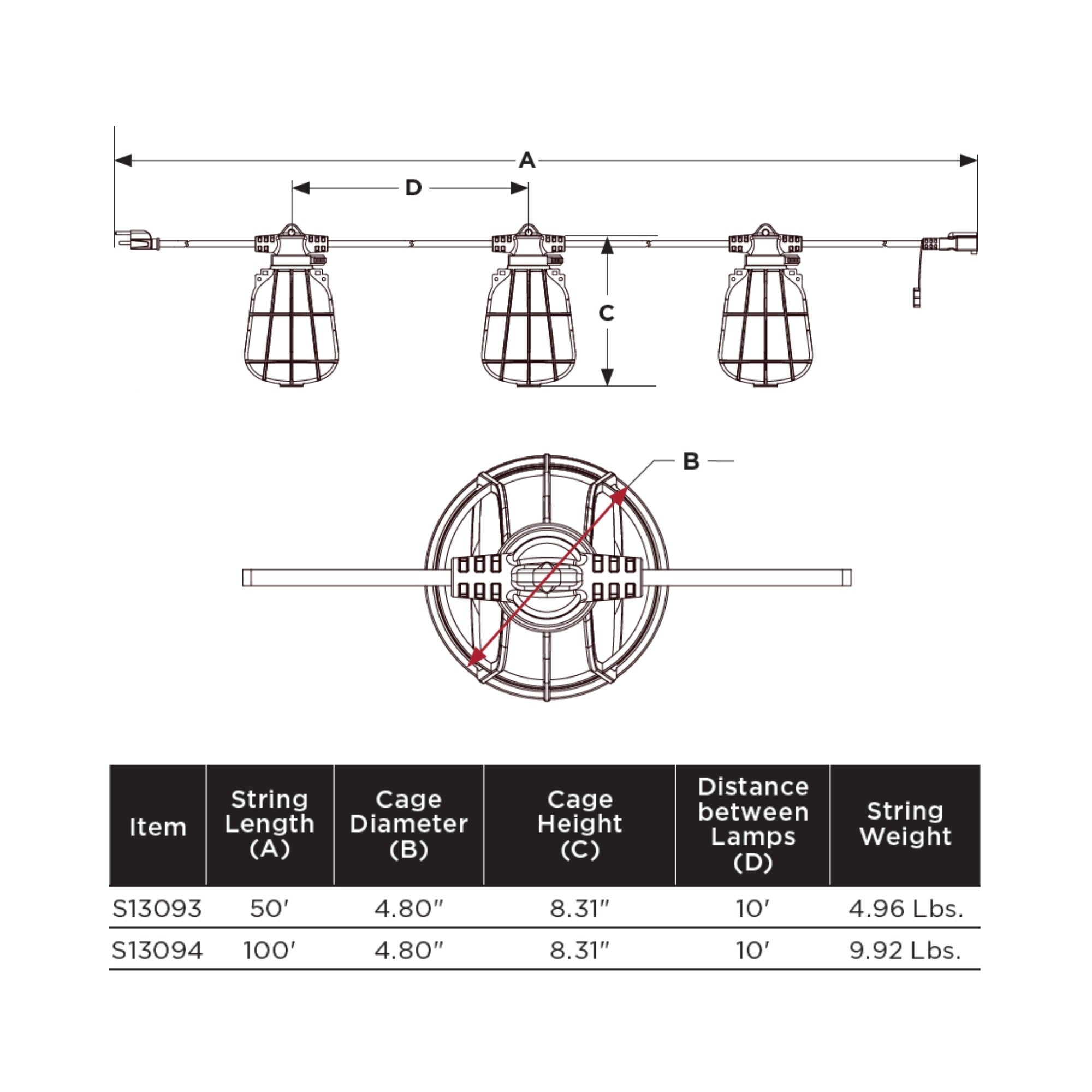 Satco|Nuvo S13094 100-Foot Temporary String Light, 10-Socket, 1500W Max Capacity, 120V, Linkable, Yellow