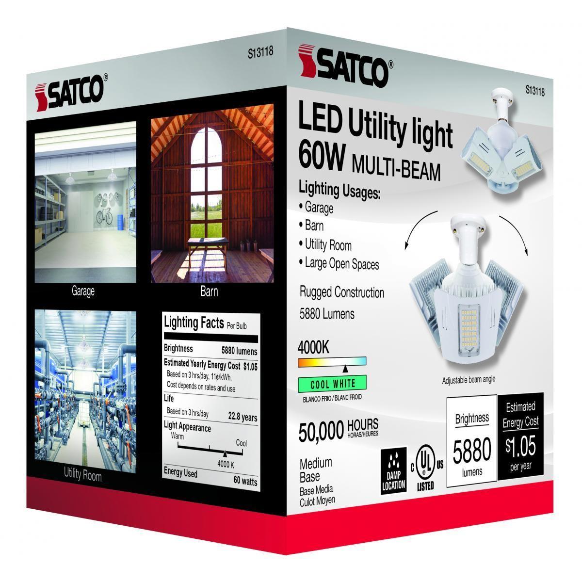 LED Garage Light Bulb, 6,000 lumens, 3 Adjustable Panels, 4000K Cool White, E26 Base