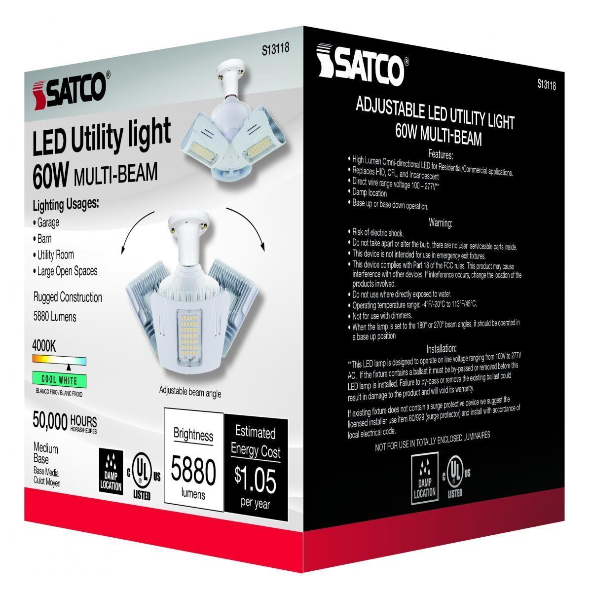 LED Garage Light Bulb, 6,000 lumens, 3 Adjustable Panels, 4000K Cool White, E26 Base