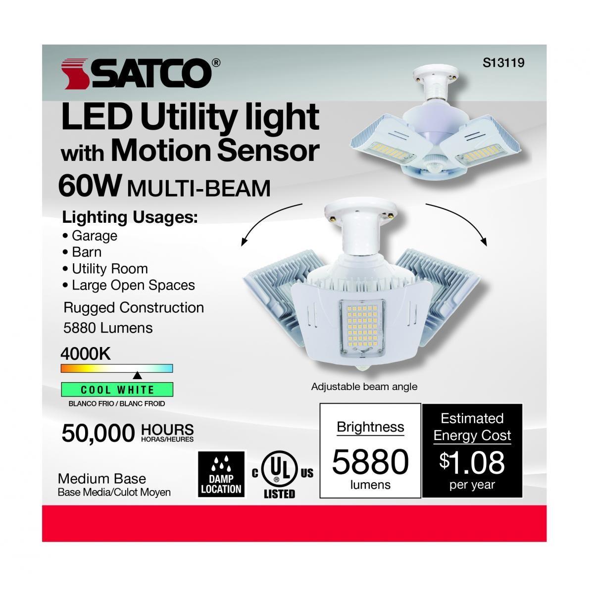 LED Garage Light Bulb with Motion Sensor, 5,880 lumens, 3 Adjustable Panels, 4000K Cool White, E26 Base