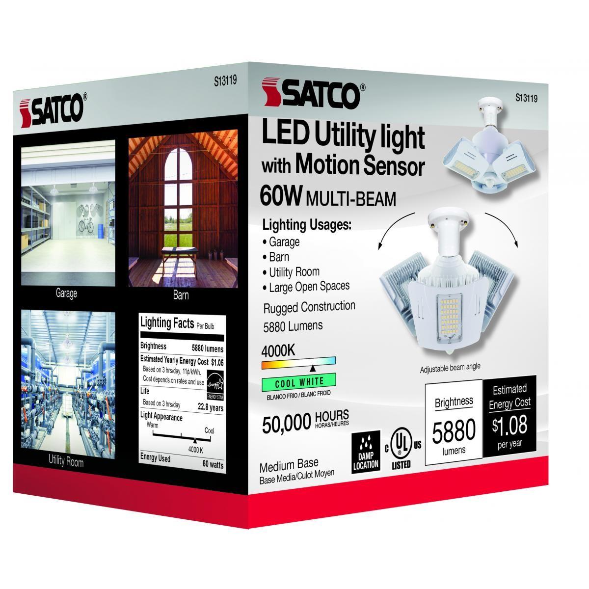 Adjustable LED Utility Light with Motion Sensor, 60 Watts, 5900 Lumens, 4000K, E26 Base, 120-277V - Bees Lighting