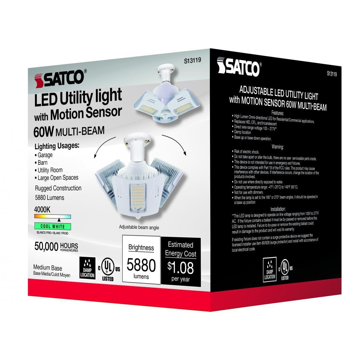 Adjustable LED Utility Light with Motion Sensor, 60 Watts, 5900 Lumens, 4000K, E26 Base, 120-277V - Bees Lighting
