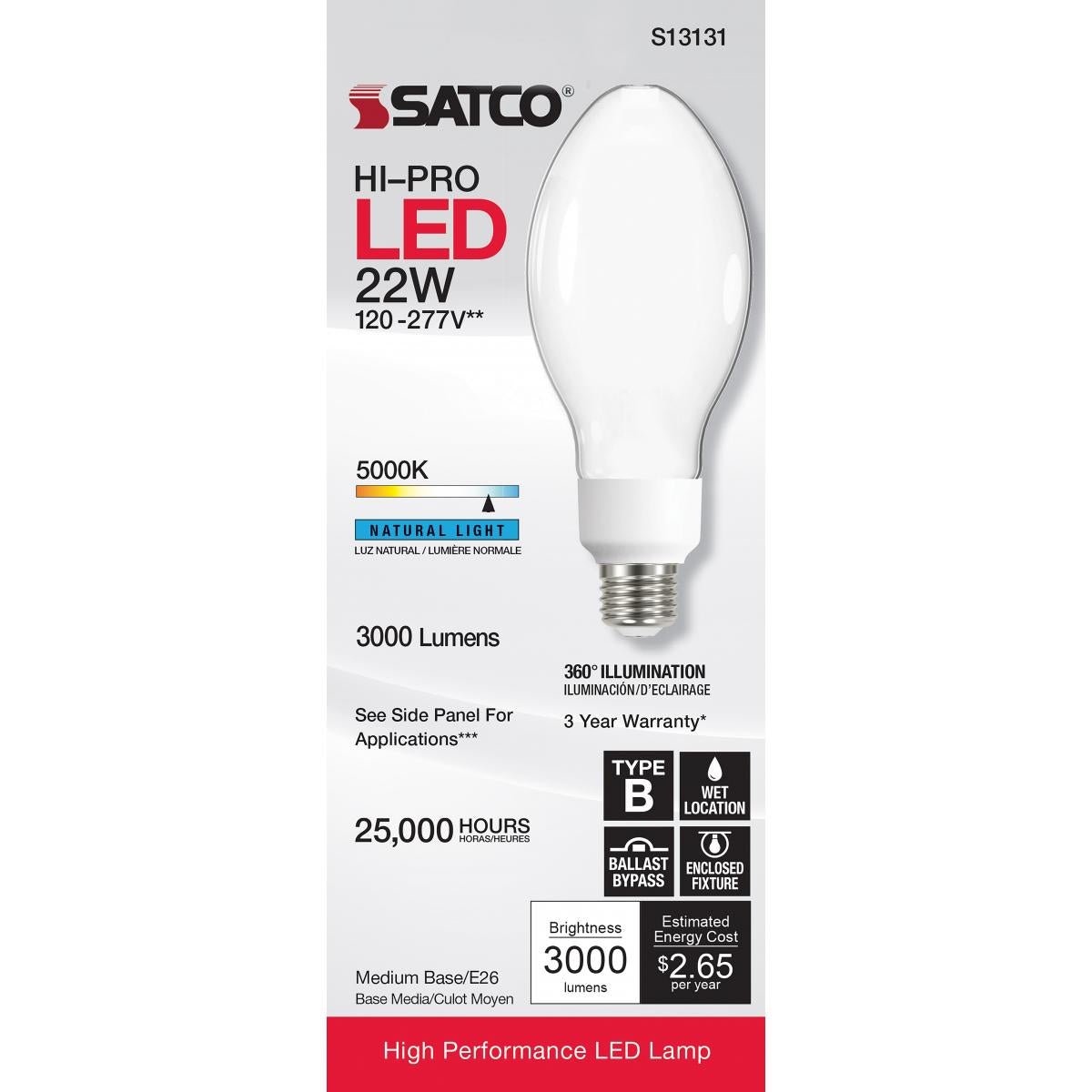 LED ED23 Bulb, 22 Watt, 3000 Lumens, 5000K, E26 Medium Base, Frosted Finish