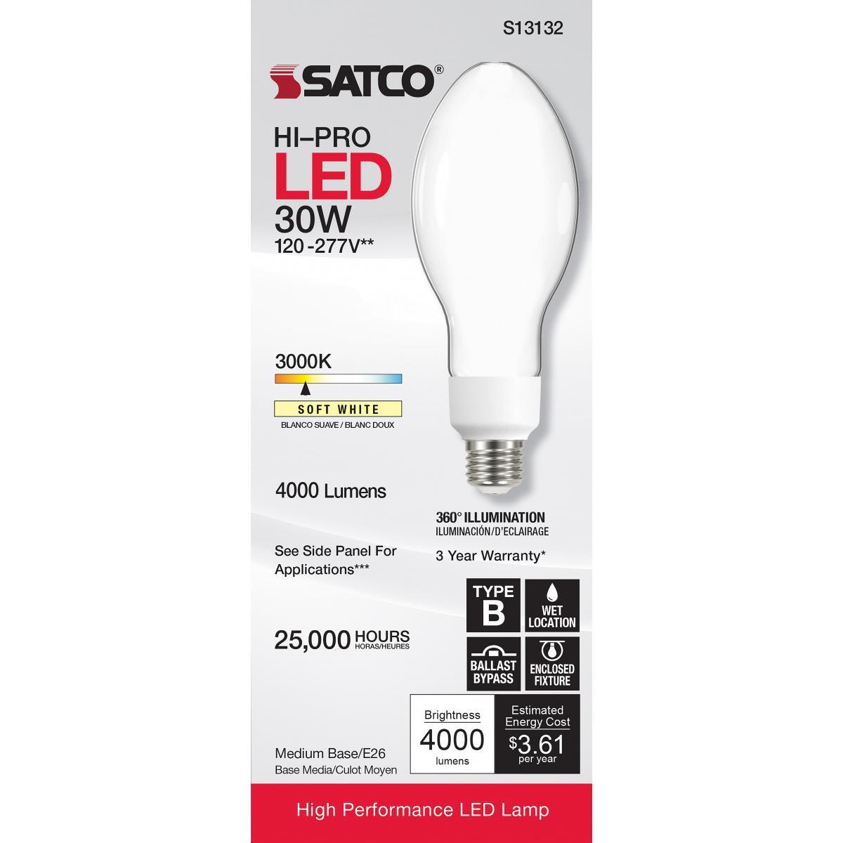 LED ED23 Bulb, 30 Watt, 4000 Lumens, 3000K, E26 Medium Base, Frosted Finish