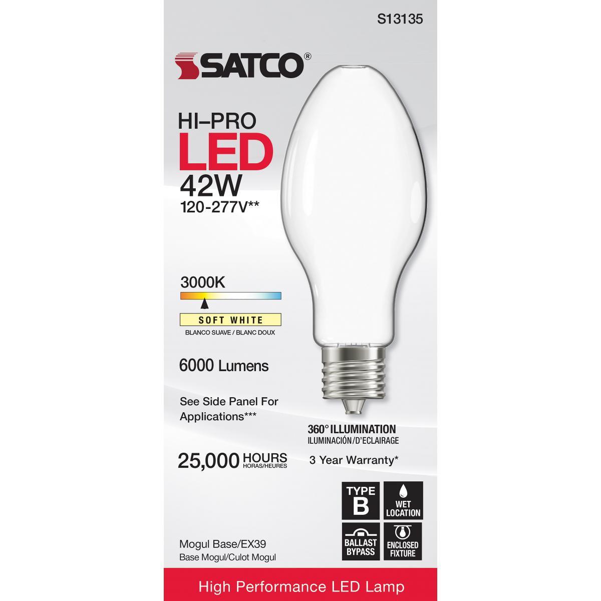 LED ED28 Bulb, 42 Watt, 6000 Lumens, 3000K, EX39 Mogul Extended Base, White Frosted Finish - Bees Lighting