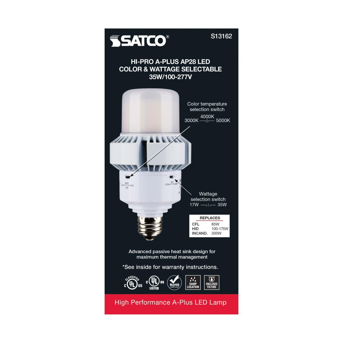 A-Plus 28 LED HID Retrofit Bulb, 17W|35W, 4550 Lumens, Selectable CCT, E26 Base, 120-277V - Bees Lighting