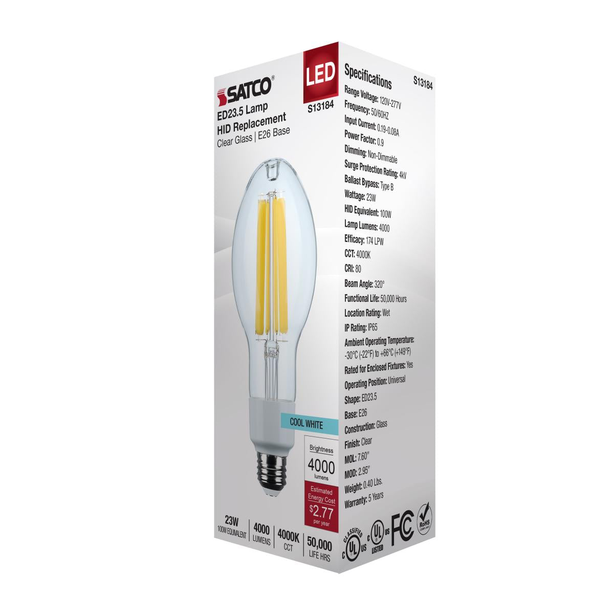 ED23 High Lumen LED Bulb, 23 Watts, 4000 Lumens, 4000K, 100W MH Equal, E26 Base, Clear, 120-277V - Bees Lighting