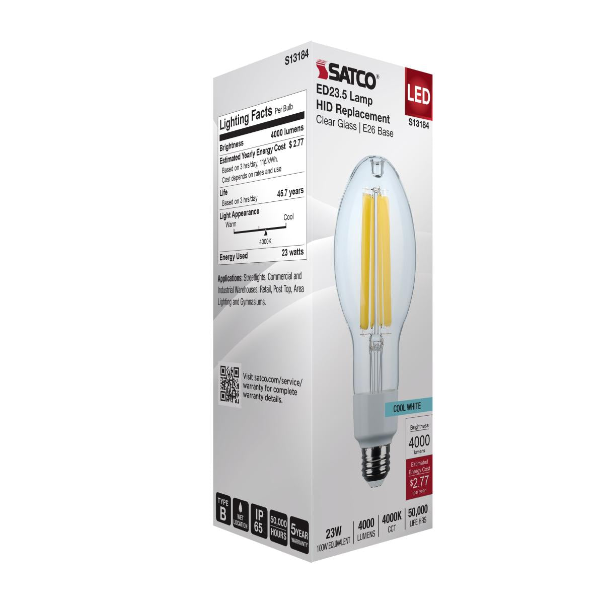 ED23 High Lumen LED Bulb, 23 Watts, 4000 Lumens, 4000K, 100W MH Equal, E26 Base, Clear, 120-277V - Bees Lighting