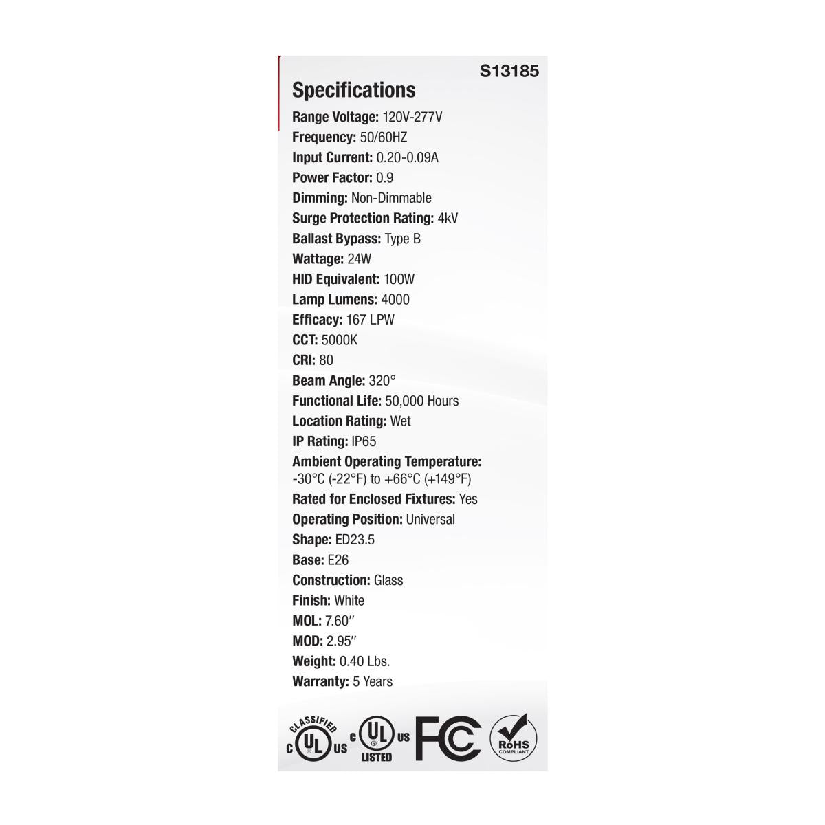 ED23 High Lumen LED Bulb, 24 Watts, 4000 Lumens, 5000K, 100W MH Equal, E26, Frosted, 120-277V - Bees Lighting