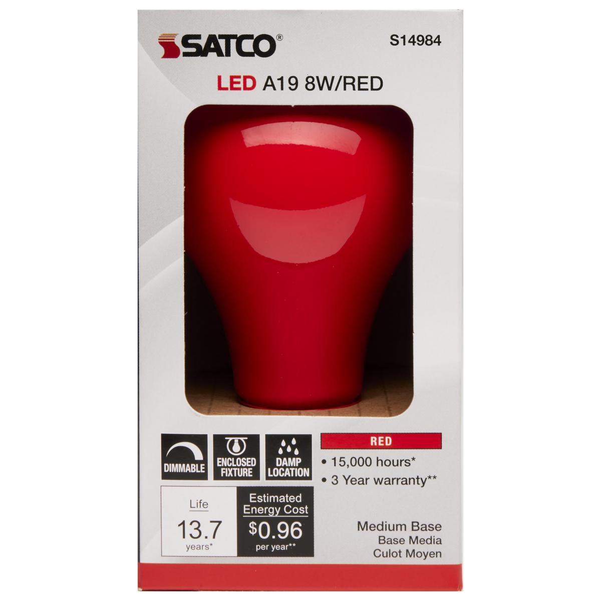 A19 LED Bulb, 8 Watts, E26 Medium Base, Ceramic Red Finish, 120V - Bees Lighting
