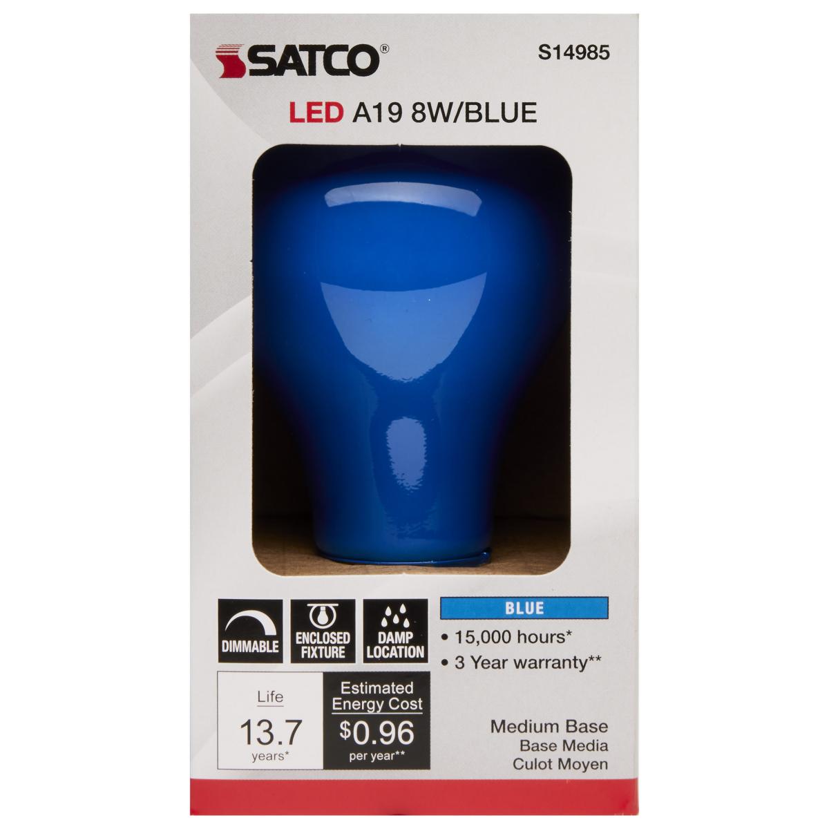 A19 LED Bulb, 8 Watts, E26 Medium Base, Ceramic Blue Finish, 120V - Bees Lighting
