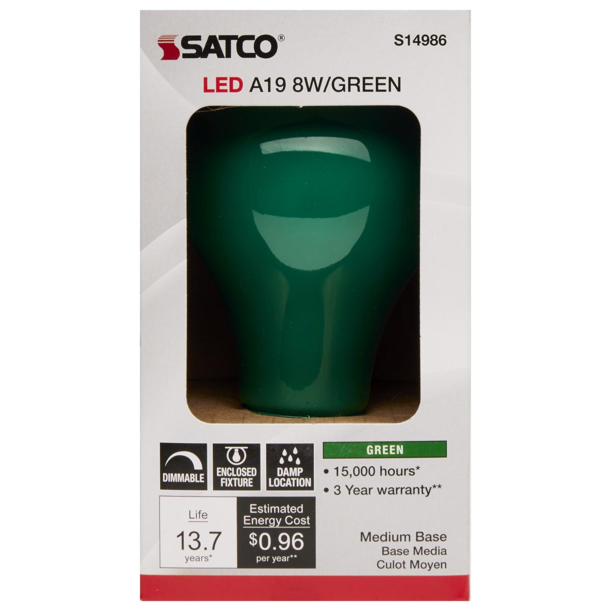 A19 LED Bulb, 8 Watts, E26 Medium Base, Ceramic Green Finish, 120V - Bees Lighting
