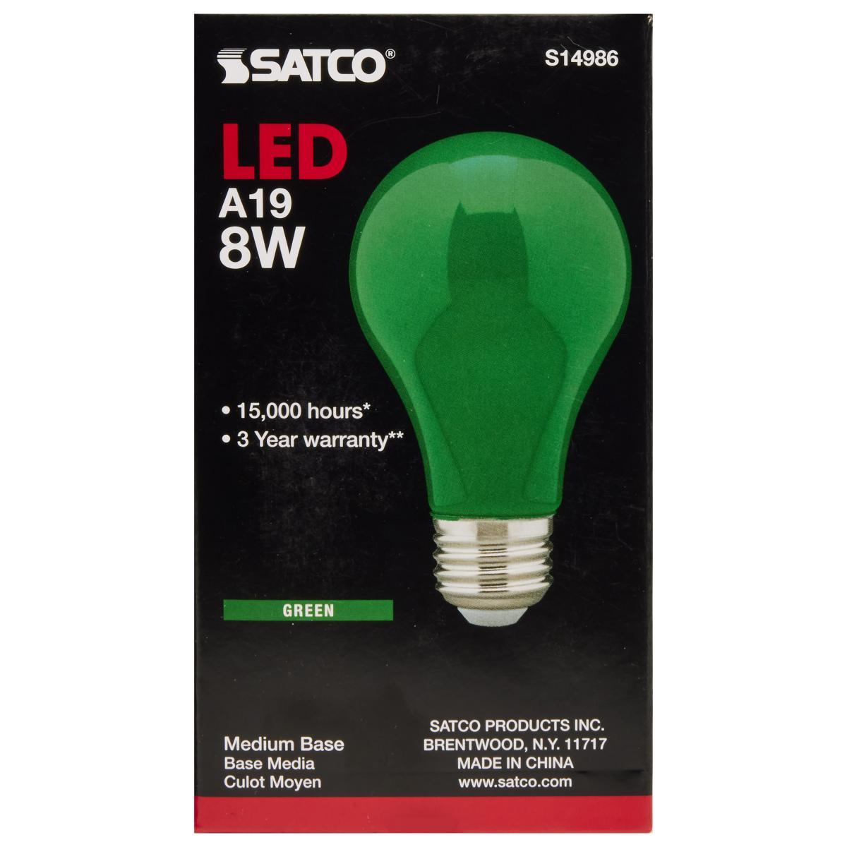 A19 LED Bulb, 100W Equivalent, 8 Watt, Lumens, Green, E26 Medium Base, Green Finish - Bees Lighting
