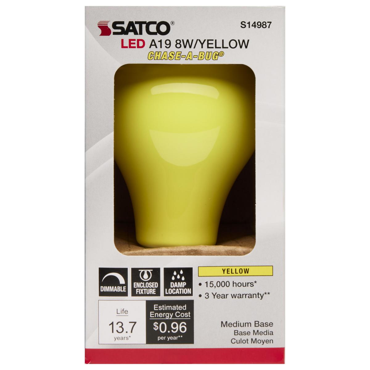 A19 LED Bulb, 8 Watts, E26 Medium Base, Ceramic Yellow Finish, 120V - Bees Lighting