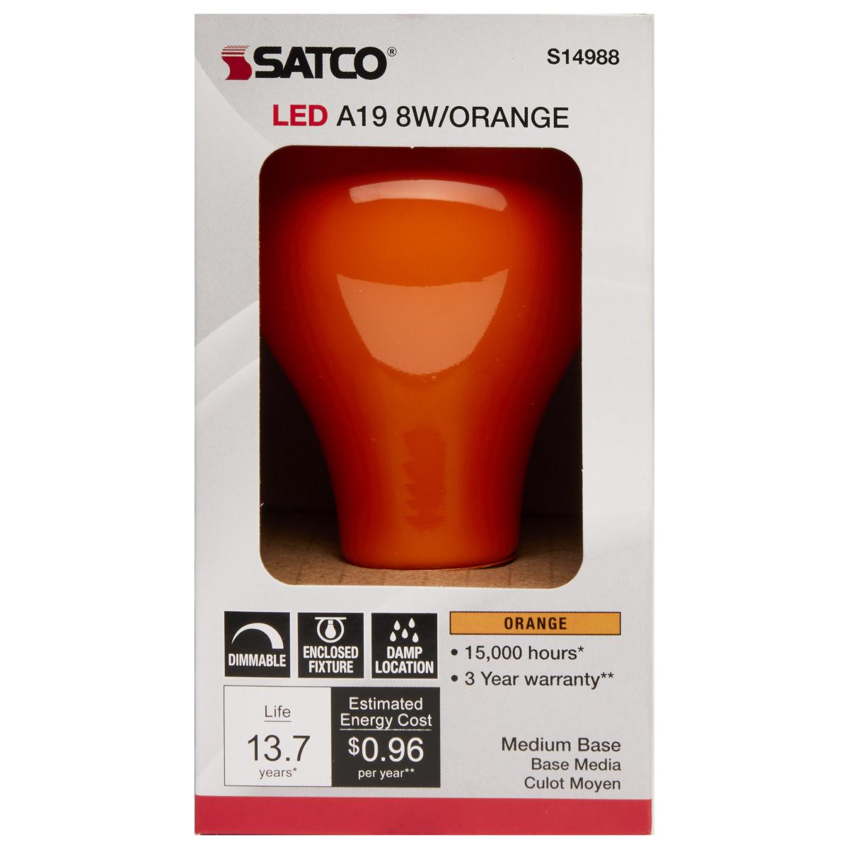 A19 LED Bulb, 8 Watts, E26 Medium Base, Ceramic Orange Finish, 120V - Bees Lighting
