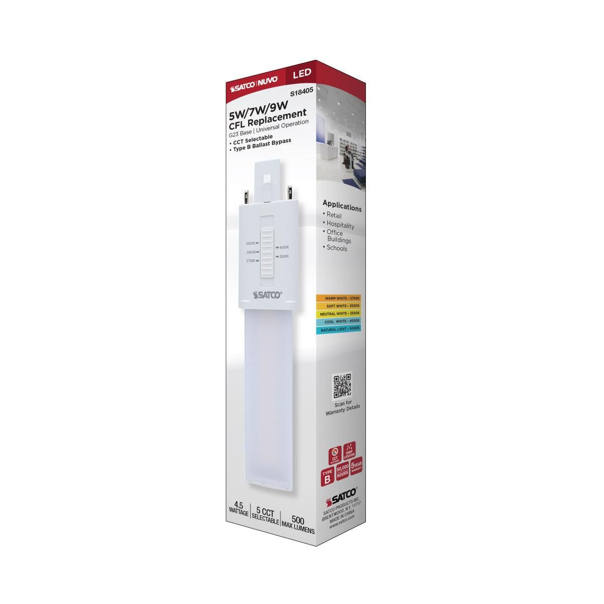 2 pin PL LED Bulb, 5W, 500 Lumens, Ballast Bypass, 27K|30K|35K|40K|50K, G23 Base