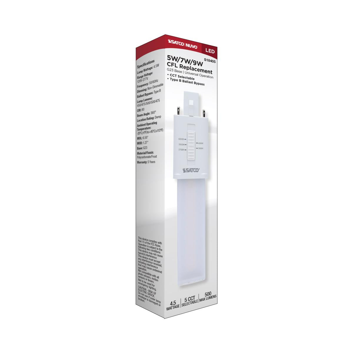 2 pin PL LED Bulb, 5W, 500 Lumens, Ballast Bypass, 27K|30K|35K|40K|50K, G23 Base