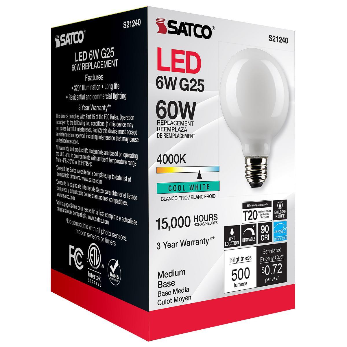 G25 LED Globe Bulb, 6 Watt, 500 Lumens, 4000K, E26 Medium Base, Frosted Finish