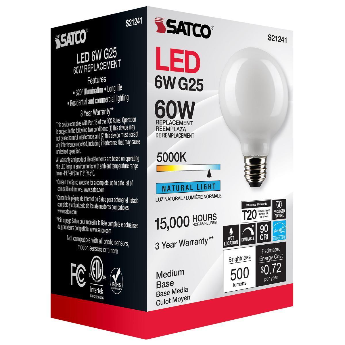 G25 LED Globe Bulb, 6 Watt, 500 Lumens, 5000K, E26 Medium Base, Frosted Finish